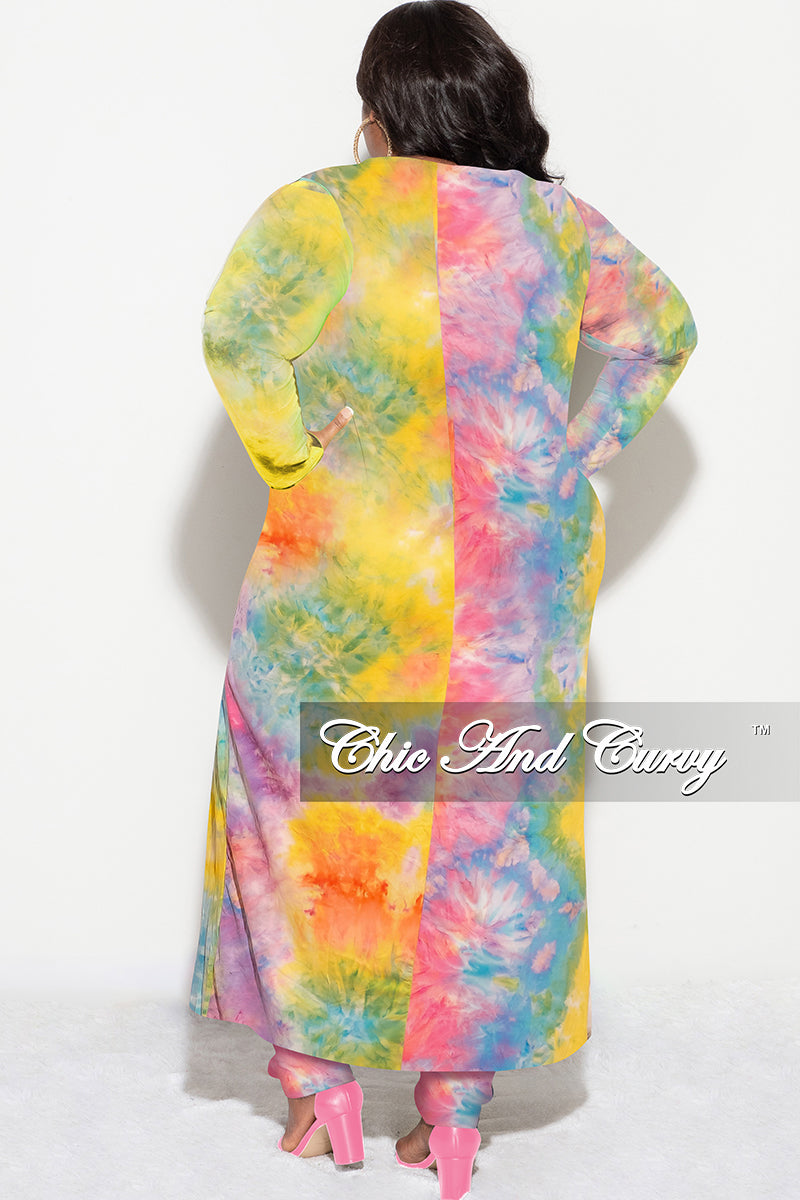 Final Sale Plus Size 3-pc (Duster, Crop Tank Top & Pants) Set in Rainbow Sherbet Tie Dye