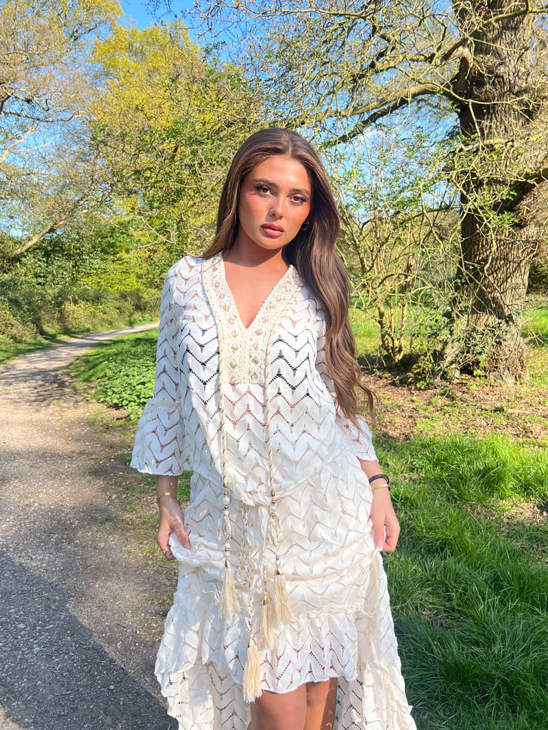 Beige Boho Tie Front Embellished Top