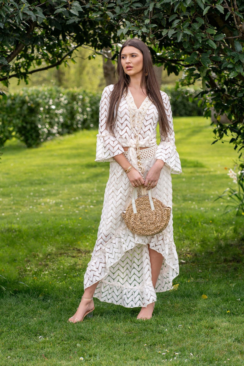 Beige Boho Tie Front Embellished Top