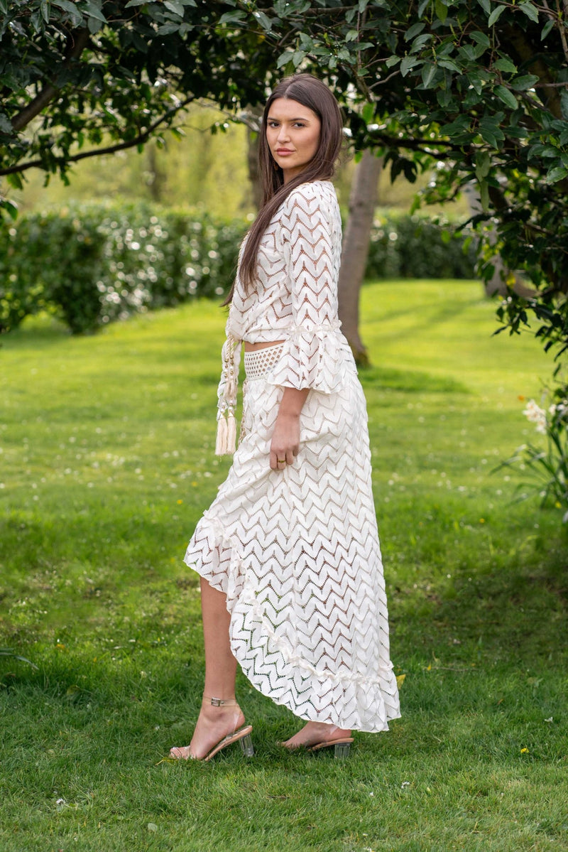 Beige Boho Tie Front Embellished Top