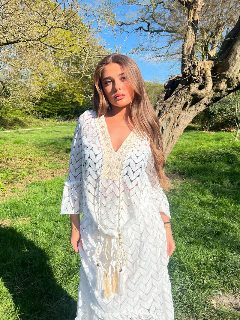 White Boho Tie Front Embellished Top