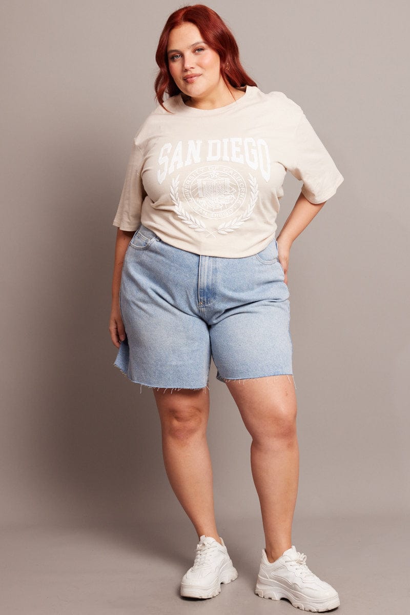 Beige Graphic T-shirt Short Sleeve Crew Neck
