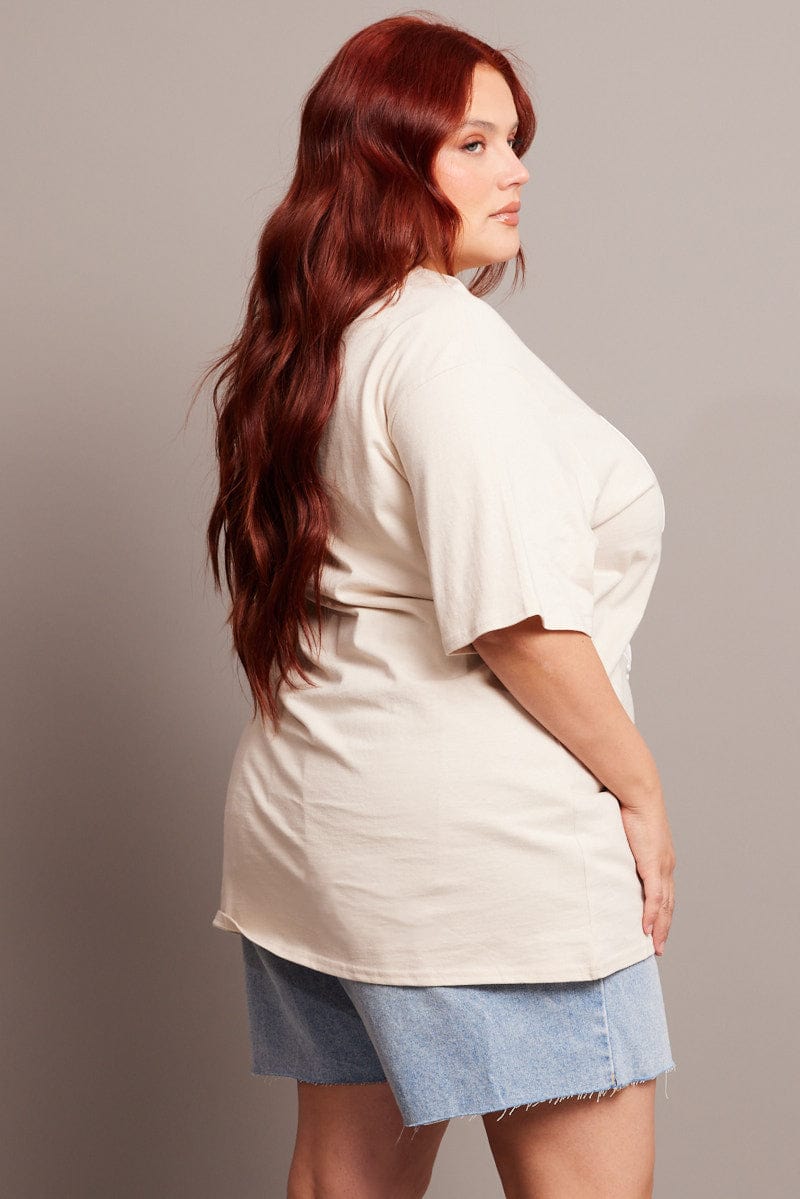 Beige Graphic T-shirt Short Sleeve Crew Neck