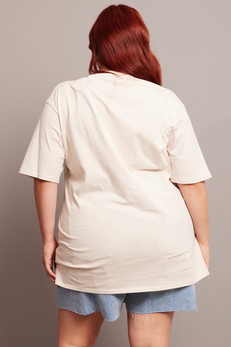 Beige Graphic T-shirt Short Sleeve Crew Neck