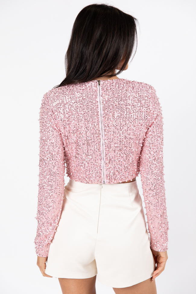 In Good Spirits Pink Pearl And Sequin Embellished Crop Blouse FINAL SALE