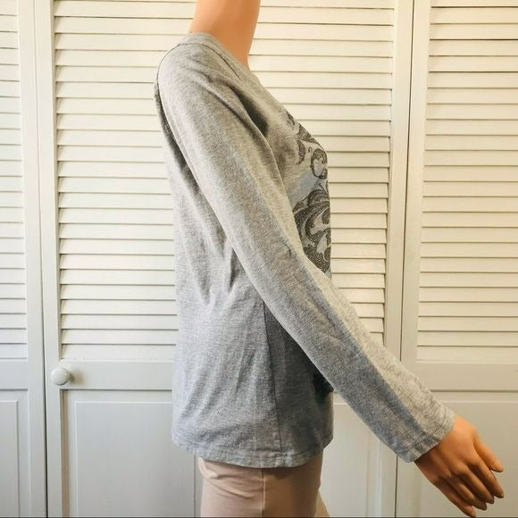 HANES Gray Silver Embellished Long Sleeve V-Neck Top Size M