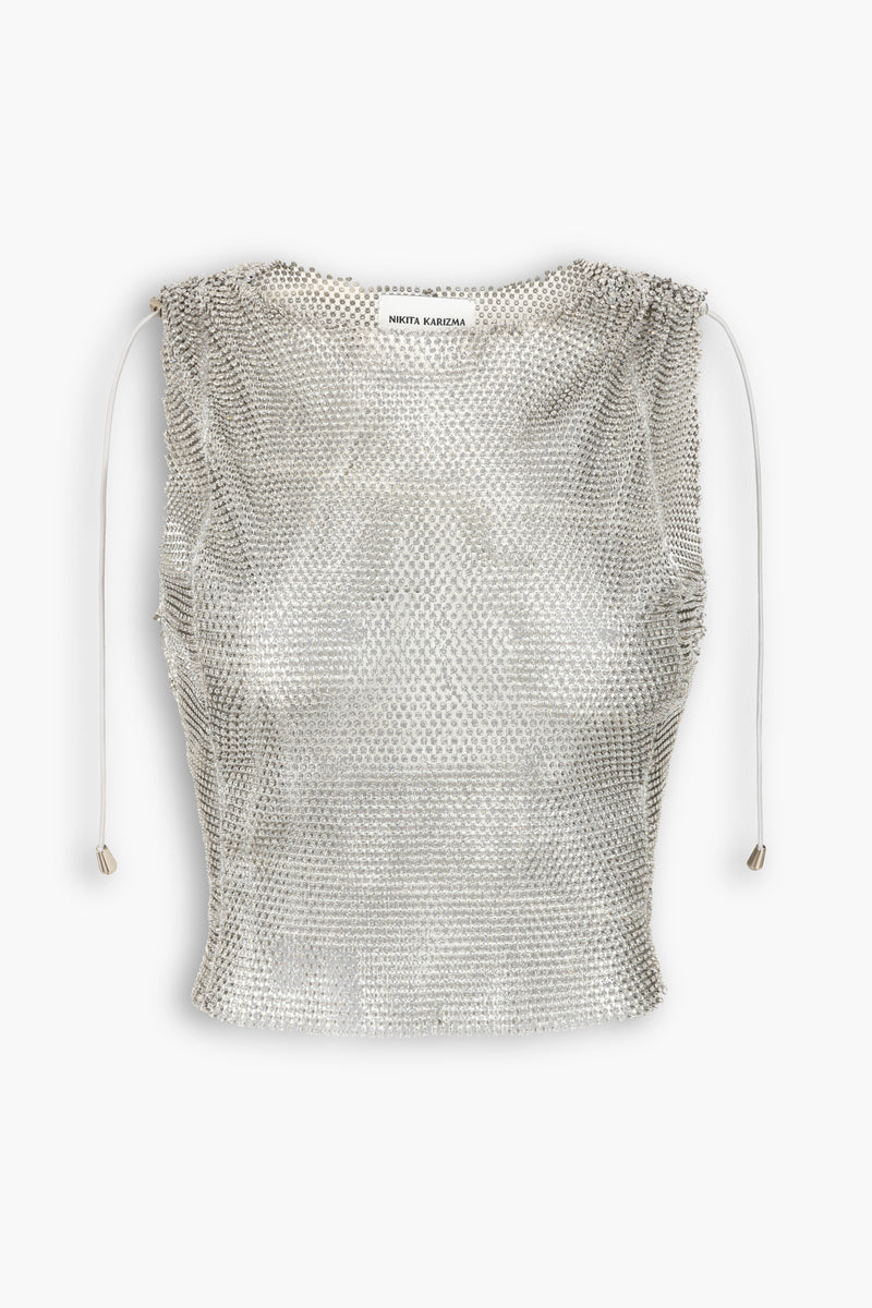 Crystal Embellished Fishnet Tank Top in Silver