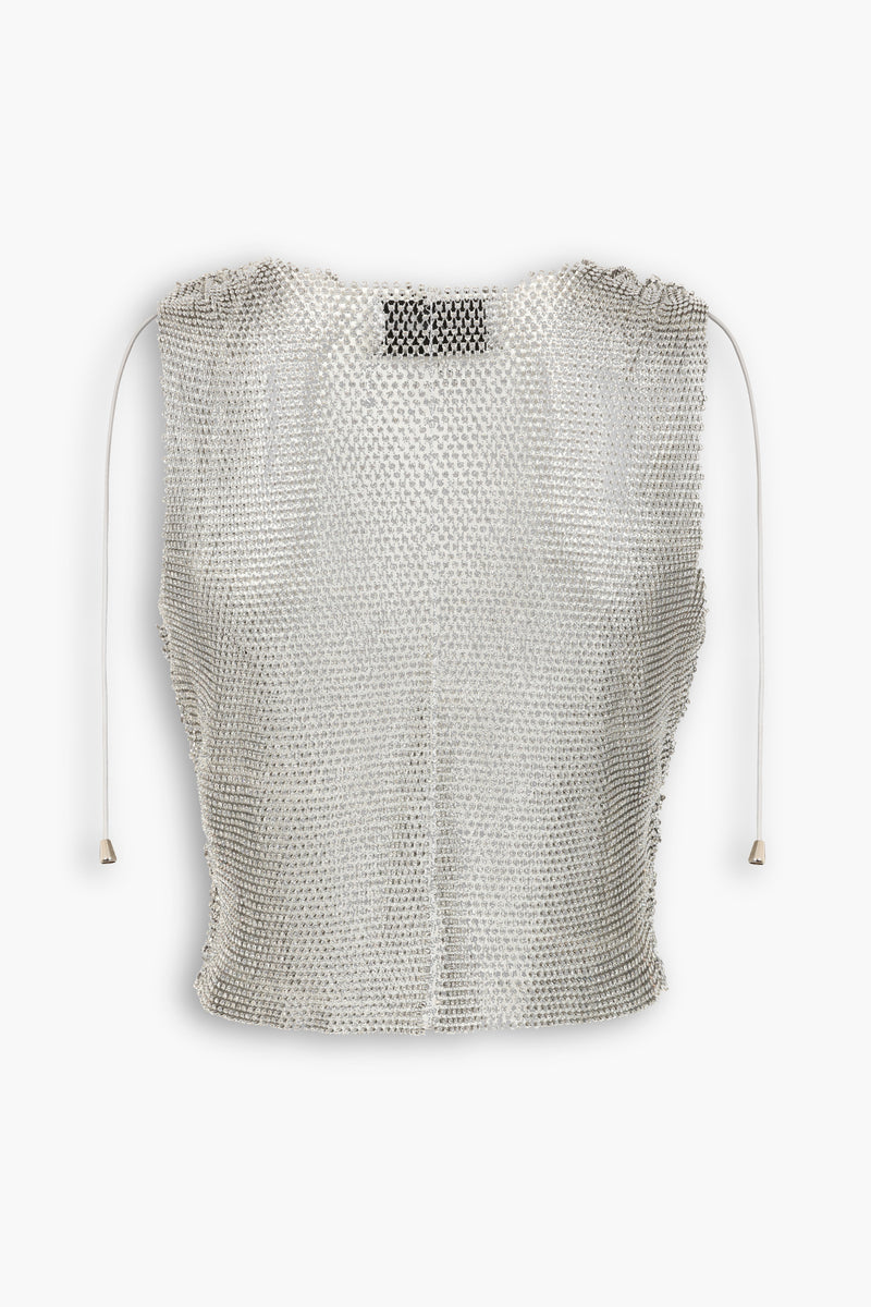 Crystal Embellished Fishnet Tank Top in Silver