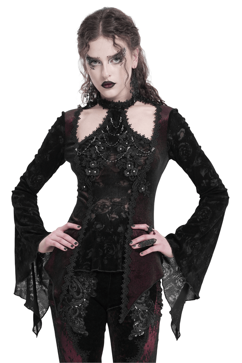 Gothic Lace Bell Sleeved Top with Rose Embellishments