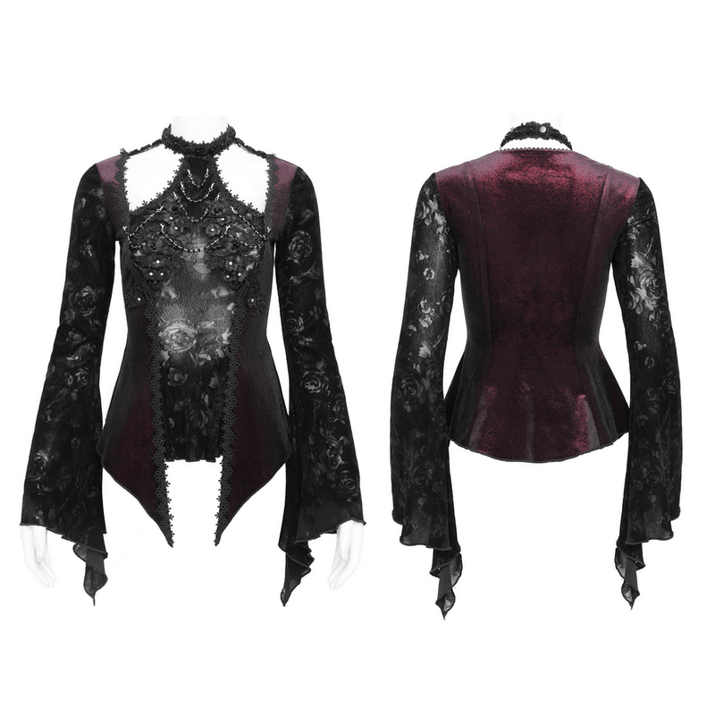Gothic Lace Bell Sleeved Top with Rose Embellishments