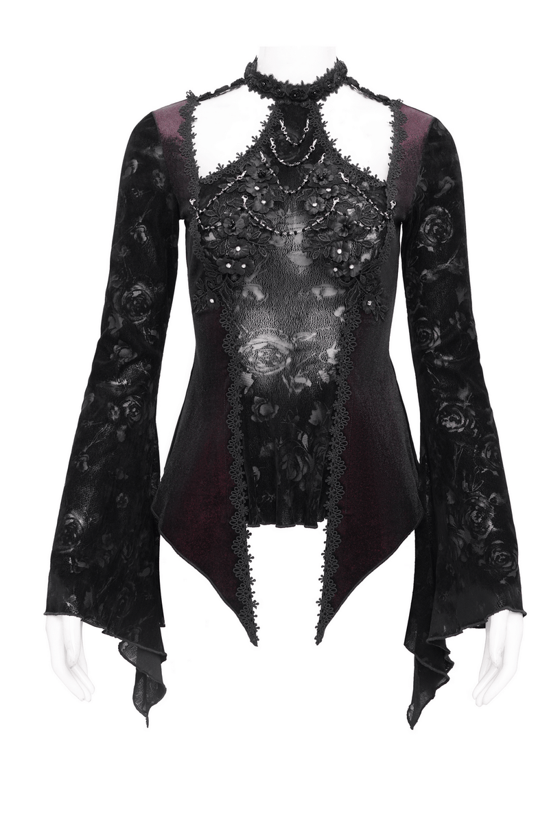 Gothic Lace Bell Sleeved Top with Rose Embellishments