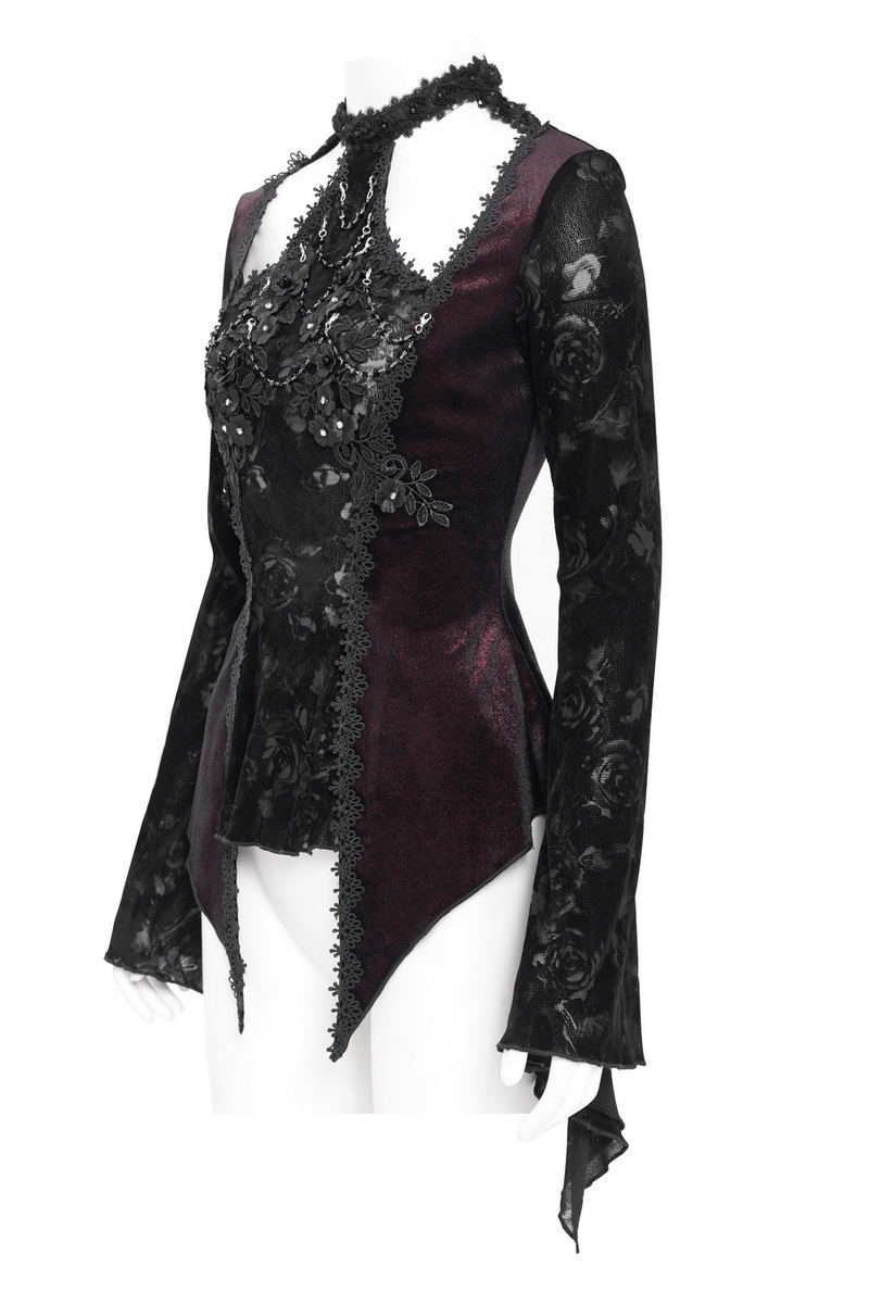 Gothic Lace Bell Sleeved Top with Rose Embellishments