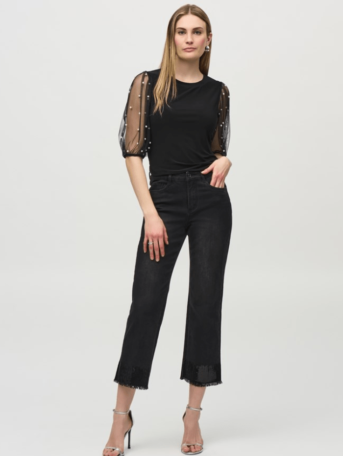 Joseph Ribkoff Women's Silky Knit Top With Embellished Mesh Sleeves 244189 Col 11