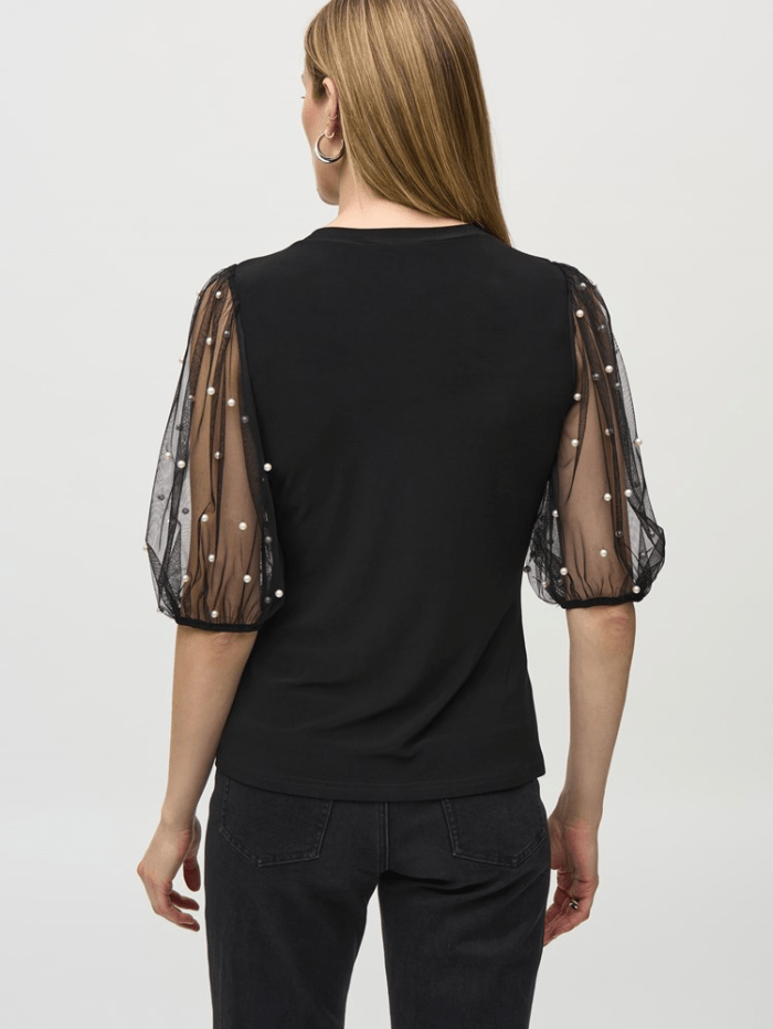 Joseph Ribkoff Women's Silky Knit Top With Embellished Mesh Sleeves 244189 Col 11