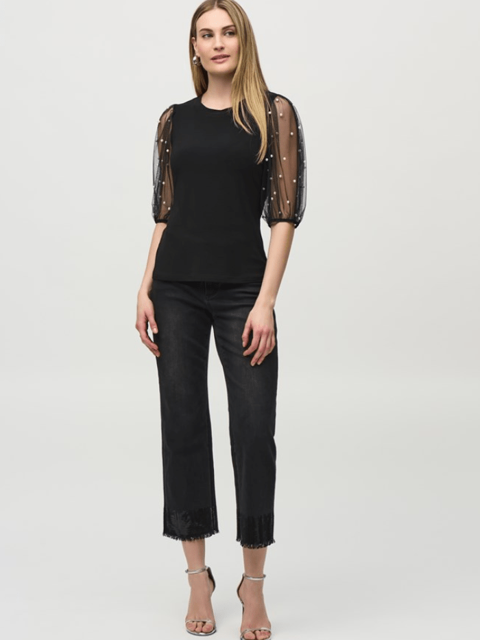 Joseph Ribkoff Women's Silky Knit Top With Embellished Mesh Sleeves 244189 Col 11