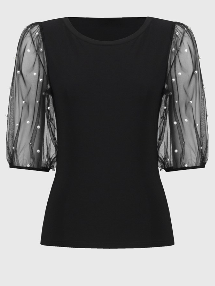 Joseph Ribkoff Women's Silky Knit Top With Embellished Mesh Sleeves 244189 Col 11