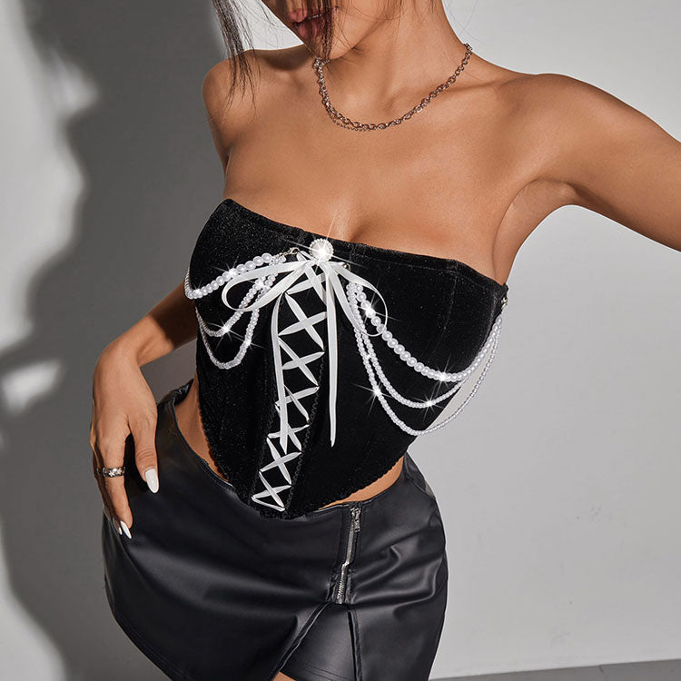 Elegant Pearl-Embellished Bustier Top