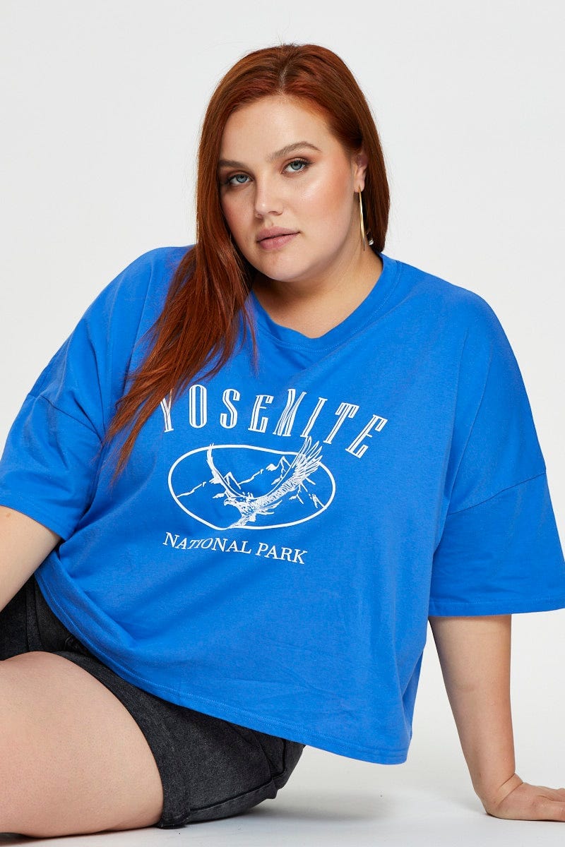 Blue Short Sleeve Crop Jersey Crew Neck