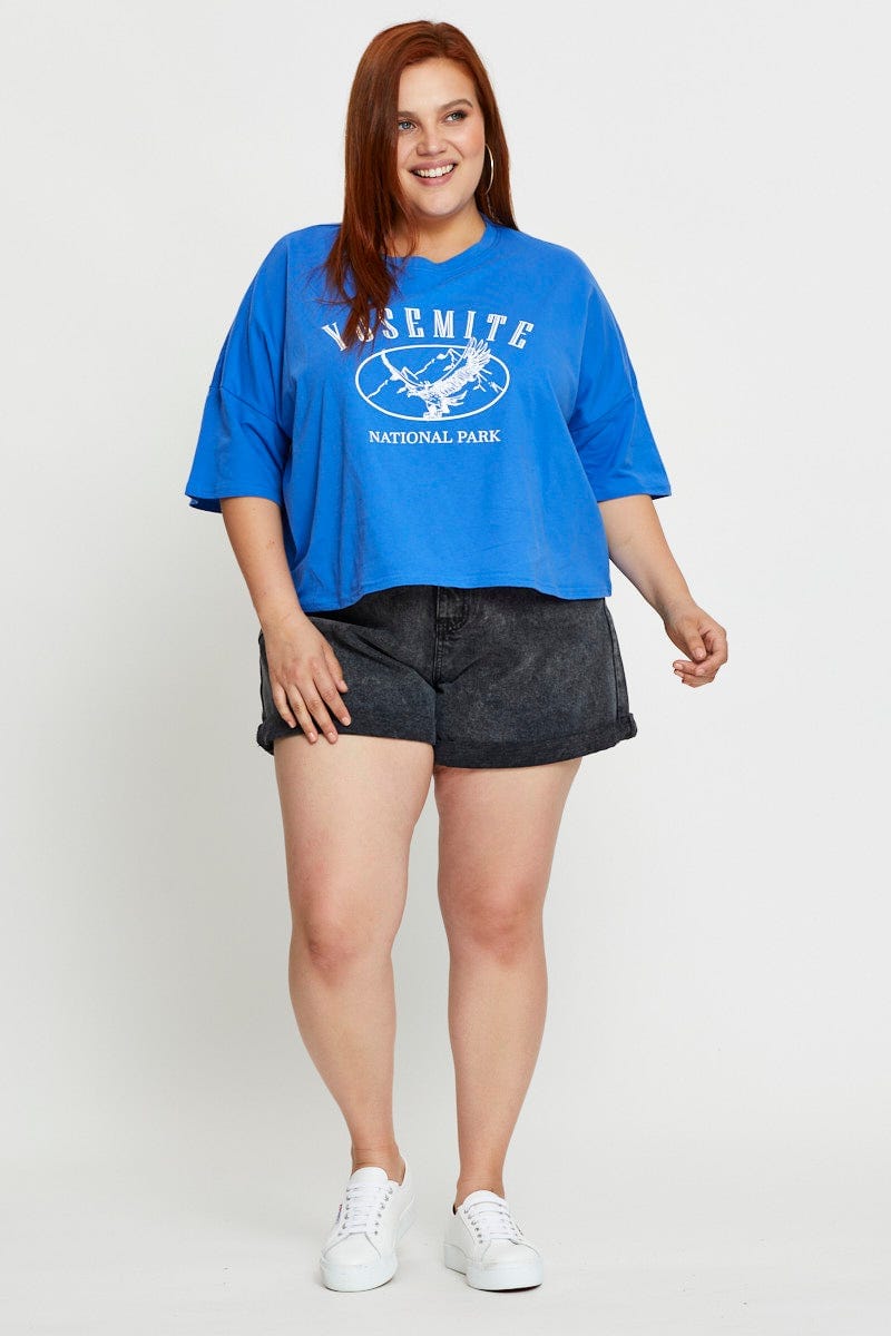 Blue Short Sleeve Crop Jersey Crew Neck