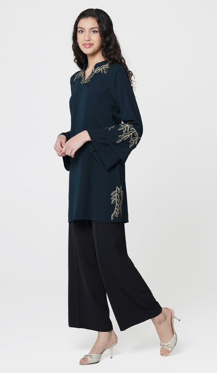Arzoo Gold  Embellished Long Modest Tunic - Dark Teal