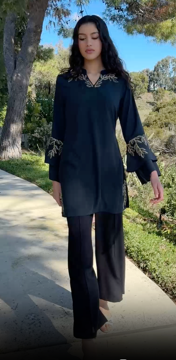 Arzoo Gold  Embellished Long Modest Tunic - Dark Teal