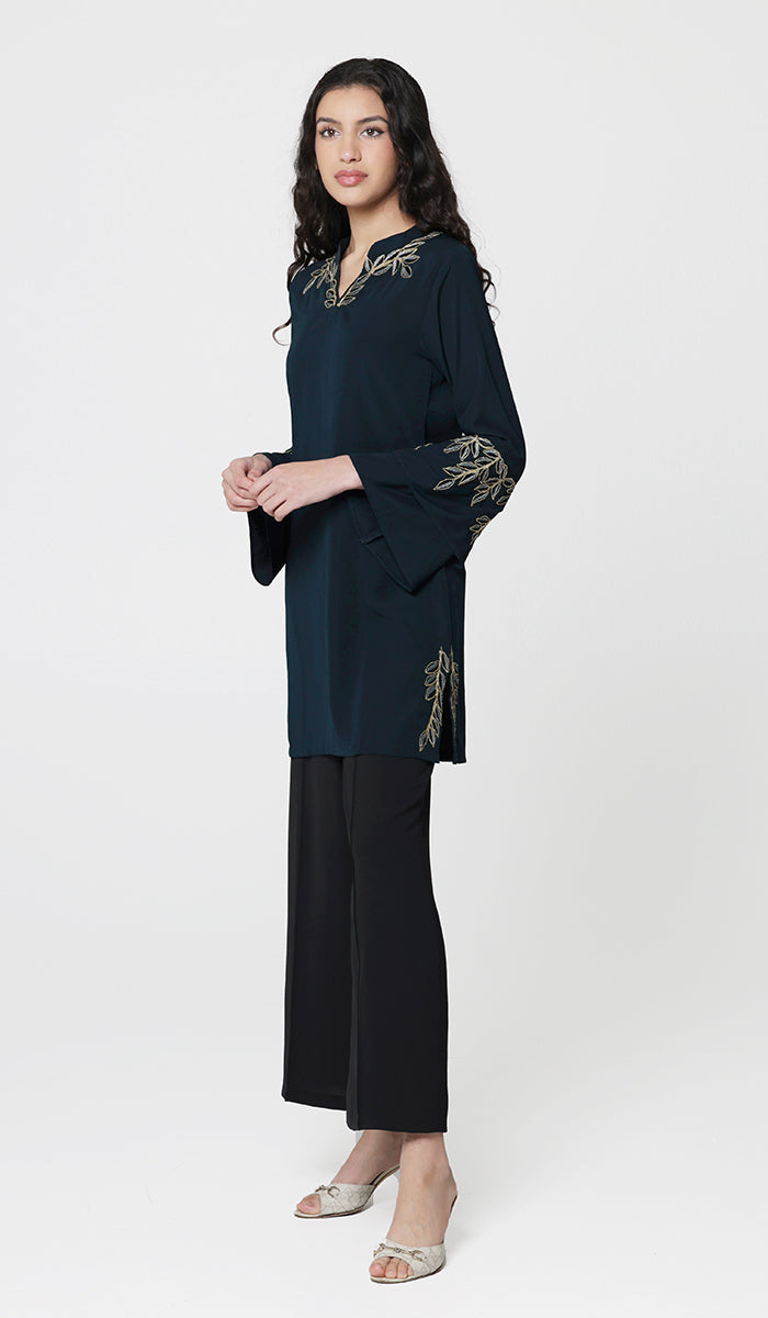 Arzoo Gold  Embellished Long Modest Tunic - Dark Teal