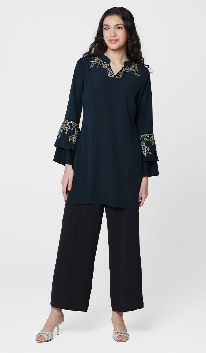 Arzoo Gold  Embellished Long Modest Tunic - Dark Teal