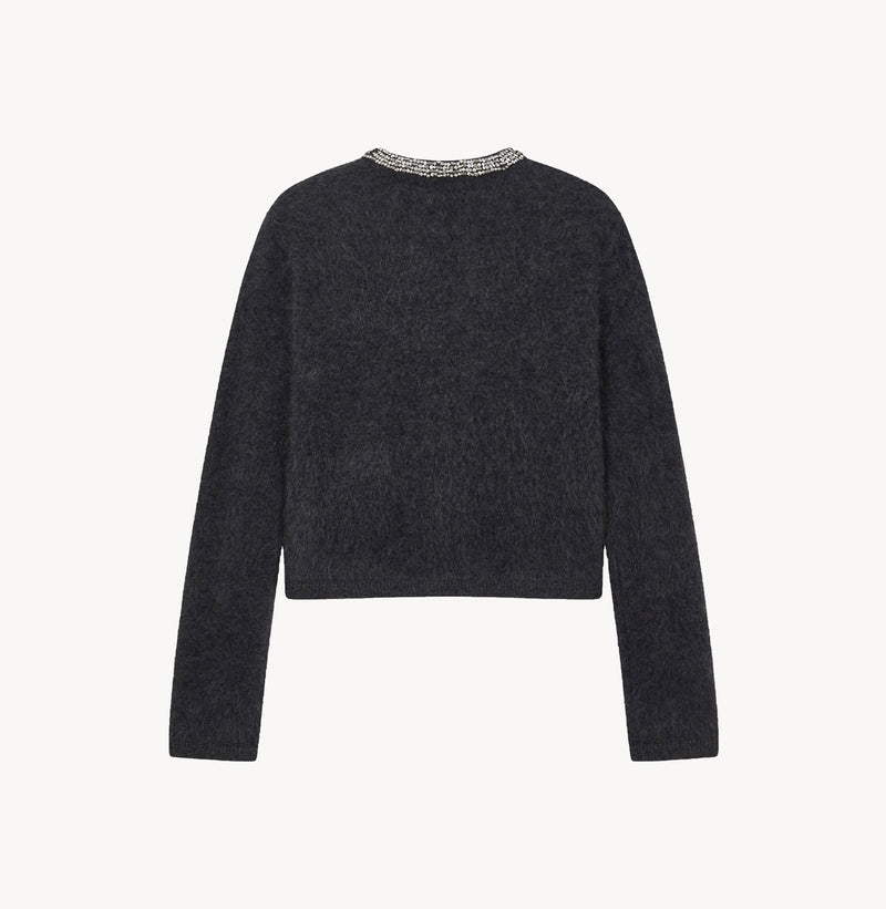 FLUFFY CASHMERE CRYSTAL EMBELLISHED PLACKET CARDIGAN