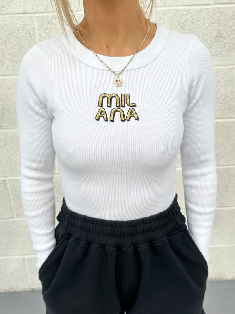 White Embellished Ribbed Long Sleeve.