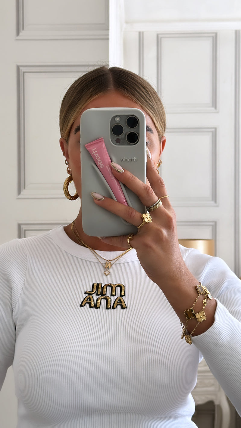 White Embellished Ribbed Long Sleeve.