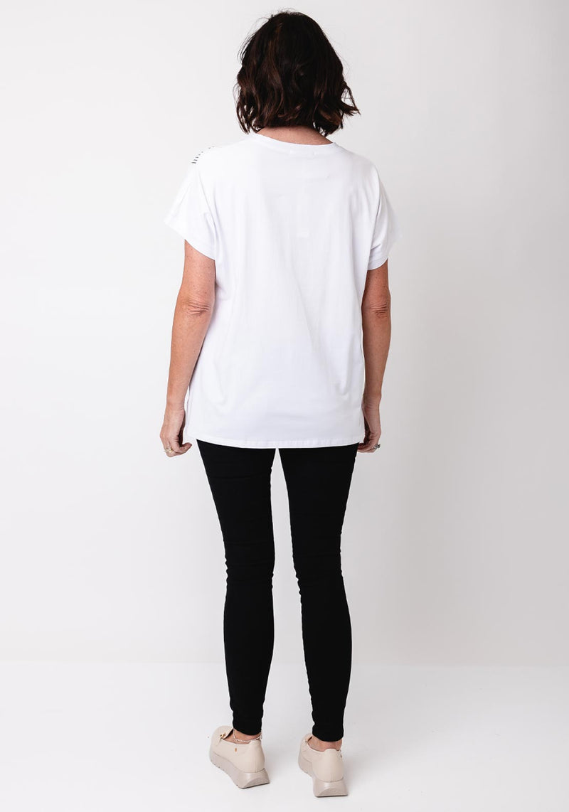 Malissa J One Size Embellished Abstract Print T Shirt, White