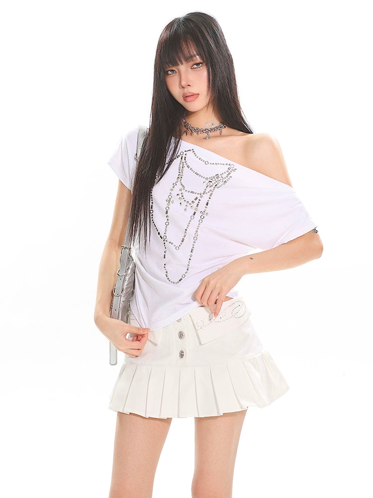 【25s May.】Chain Embellished Rhinestone One-Shoulder Tee