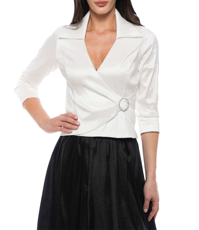 Marina Collared V-Neckline 3/4 Sleeve Stretch Taffeta Rhinestone Embellishment Wrap Blouse