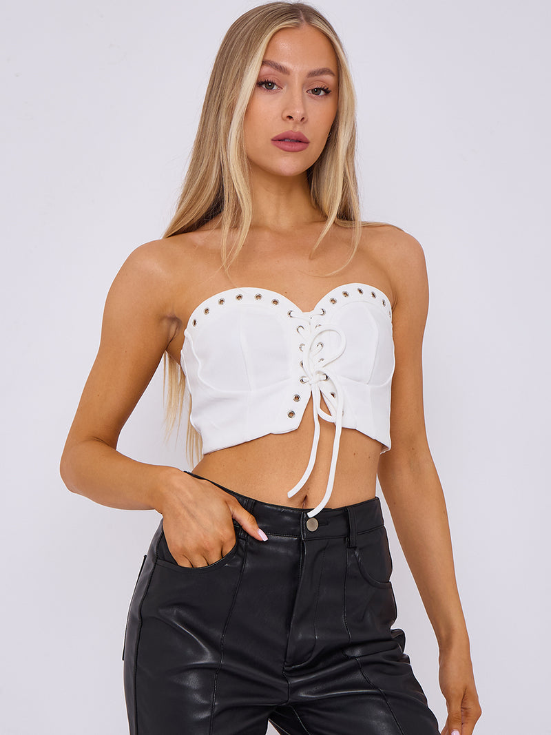 Lace Up Front Bandeau Top With Metal Eyelet Detail