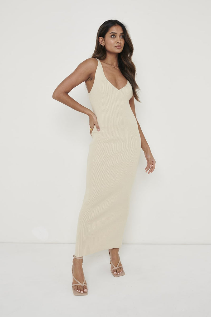 Lara Ribbed Midaxi Dress - Light Beige