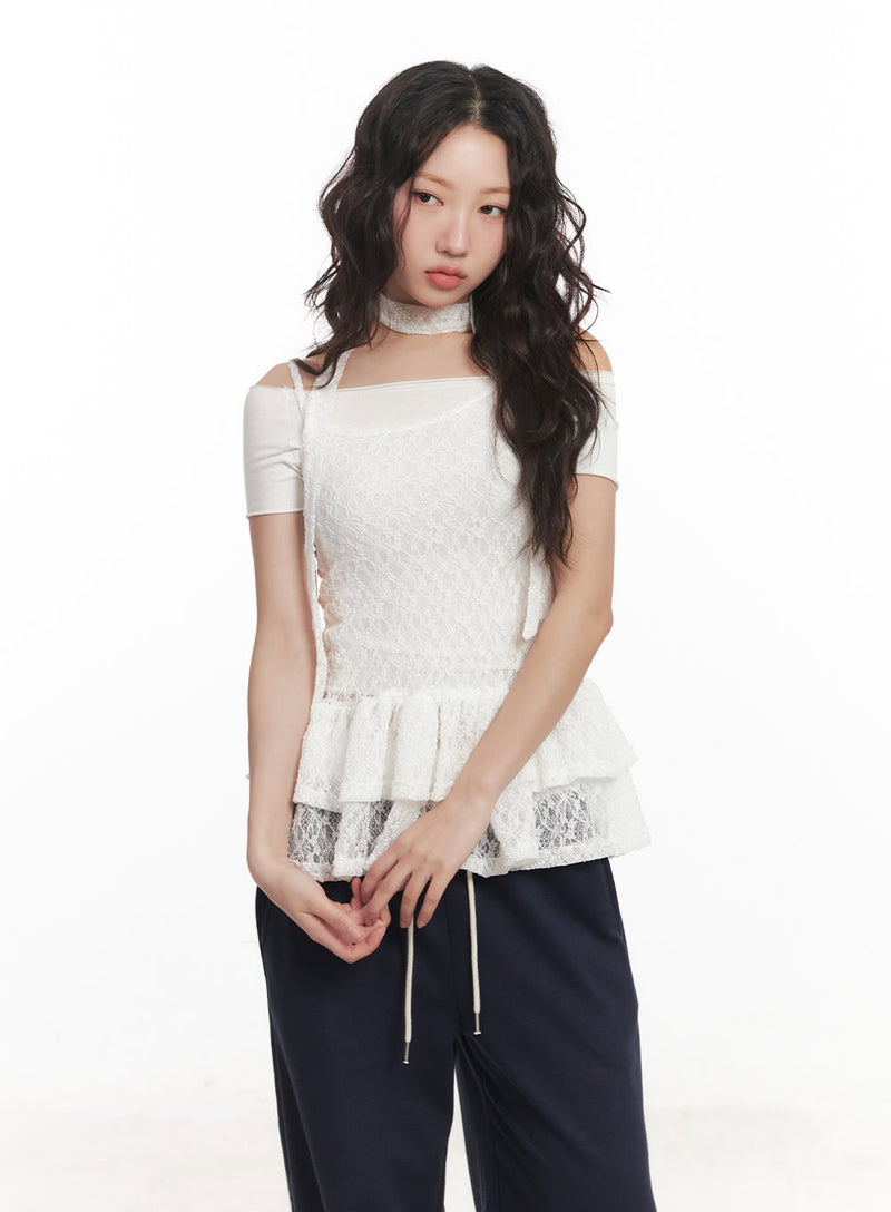 Frill Lace Off-Shoulder Cami Top with Scarf CA521