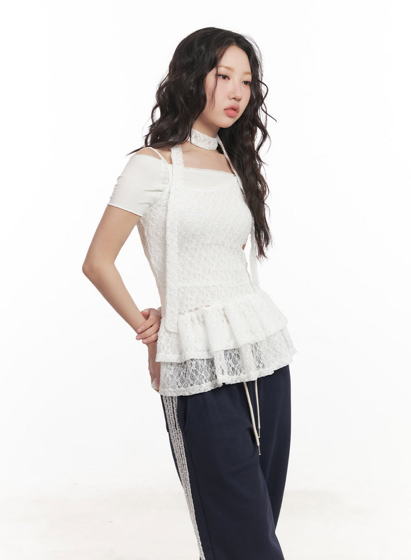 Frill Lace Off-Shoulder Cami Top with Scarf CA521