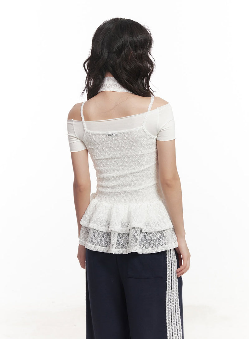 Frill Lace Off-Shoulder Cami Top with Scarf CA521