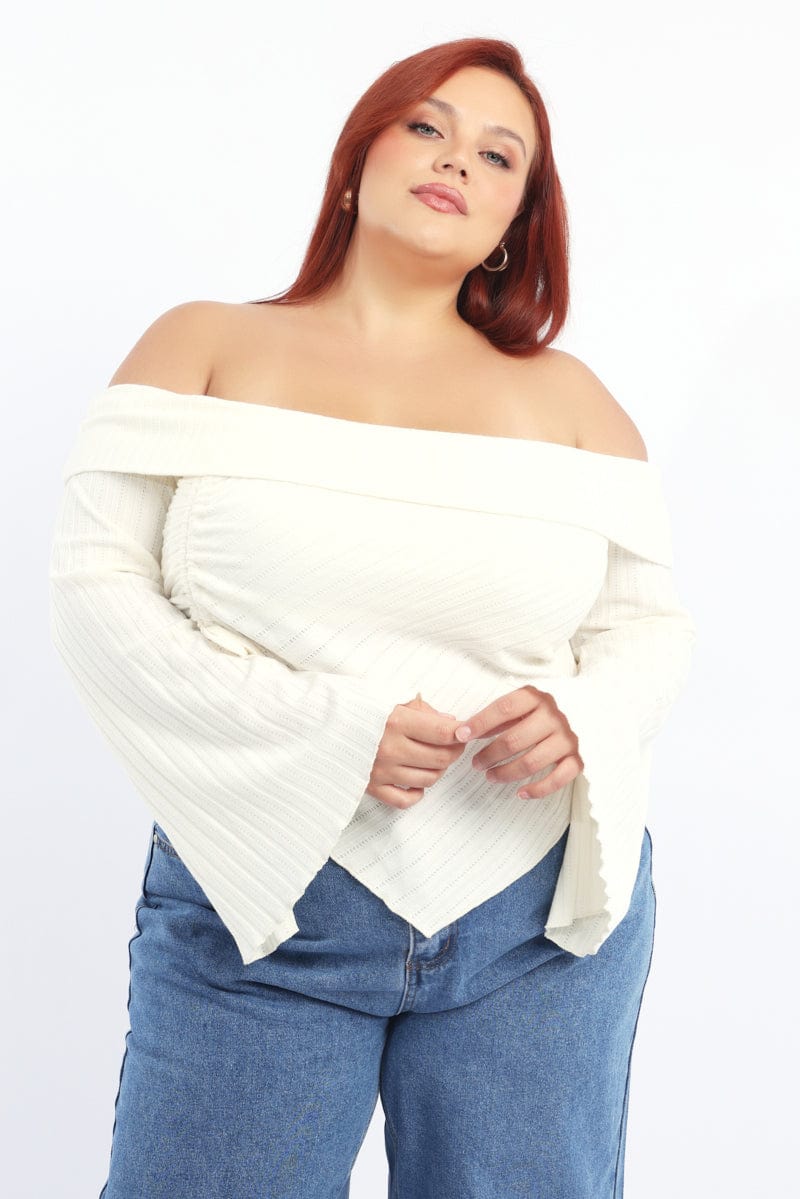 White Off Shoulder Top Side Ruched