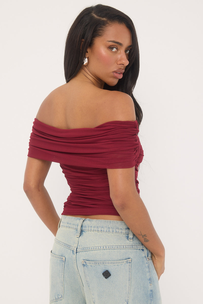Luck & Trouble Elyse Off Shoulder Sleeveless Top Burgundy