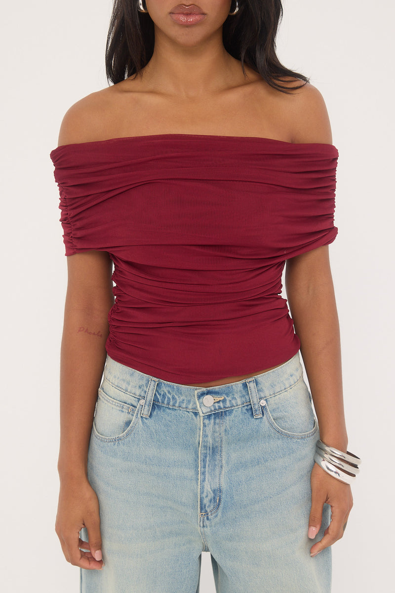 Luck & Trouble Elyse Off Shoulder Sleeveless Top Burgundy
