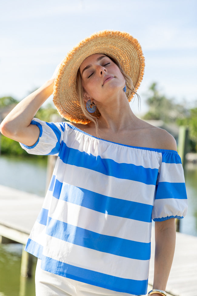 Never Want To Leave Blue Oversized Stripe Off The Shoulder Top FINAL SALE