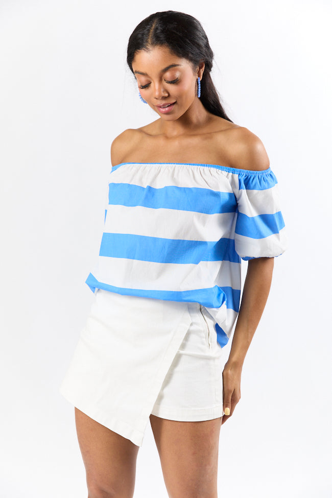 Never Want To Leave Blue Oversized Stripe Off The Shoulder Top FINAL SALE