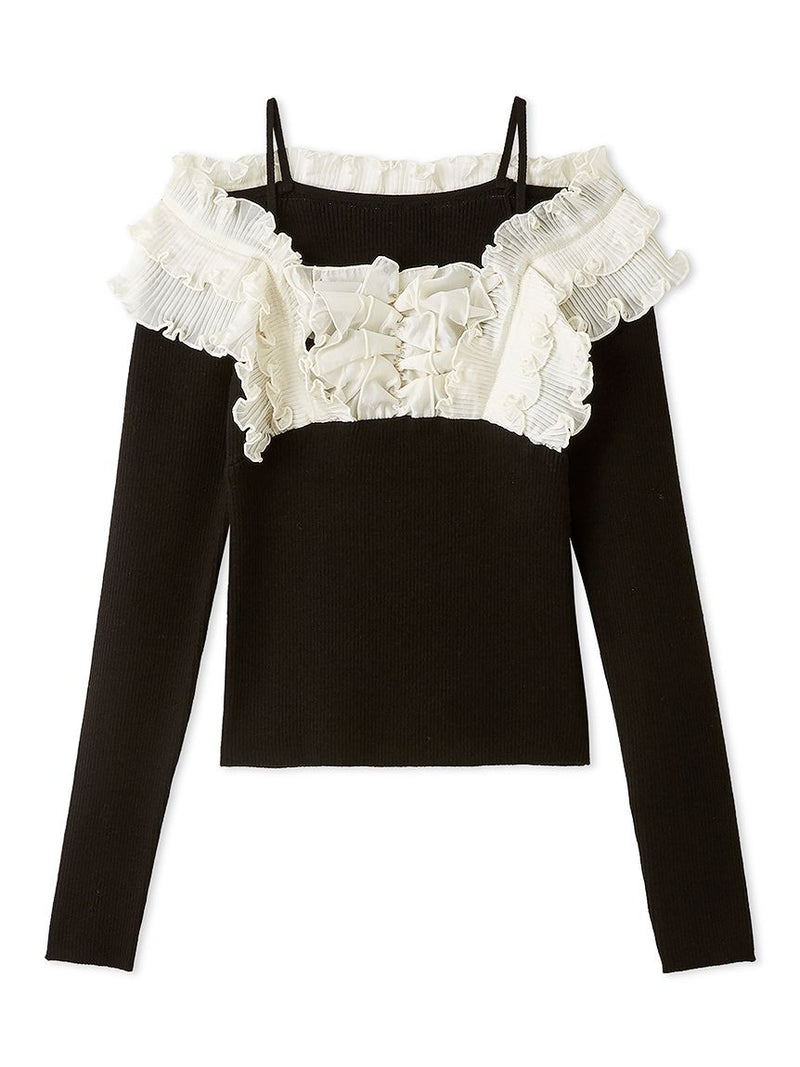 Ruffled Off-Shoulder Ribbed Knit Top