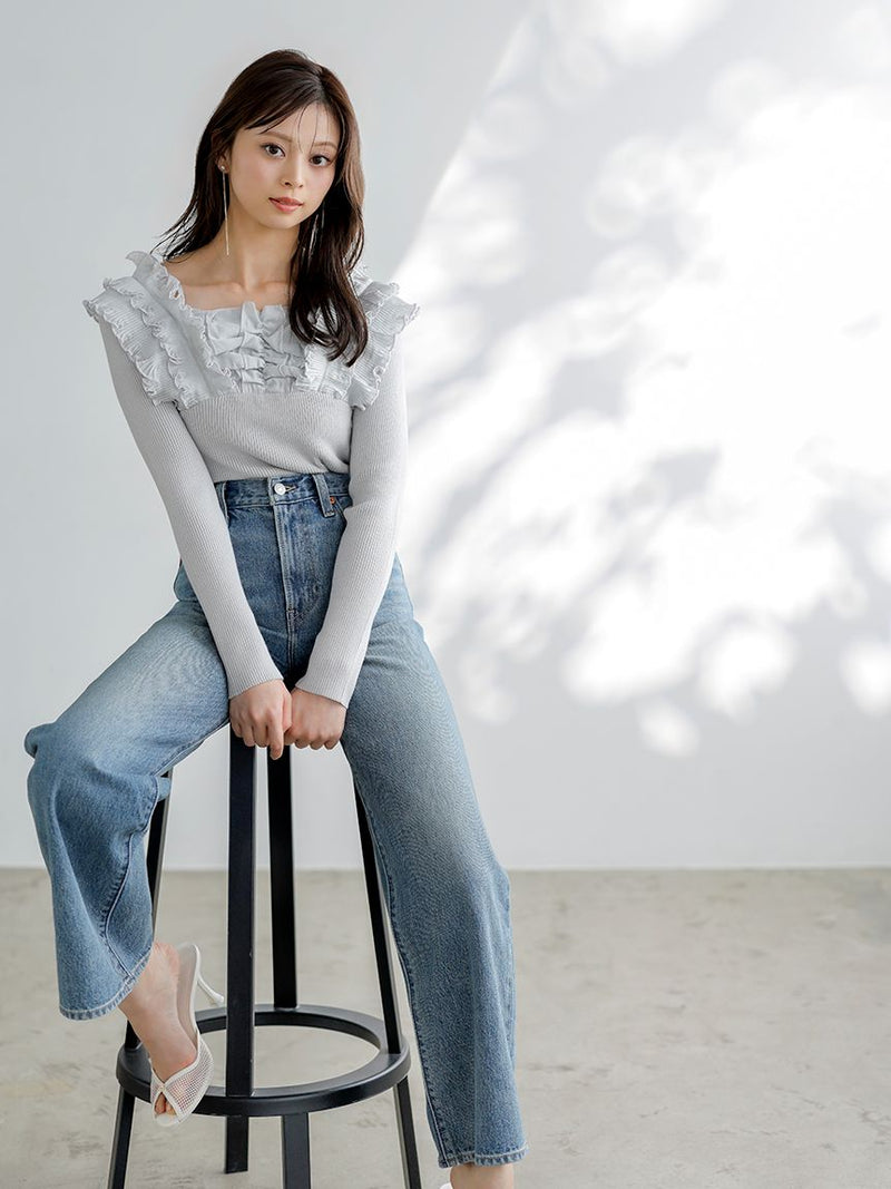 Ruffled Off-Shoulder Ribbed Knit Top