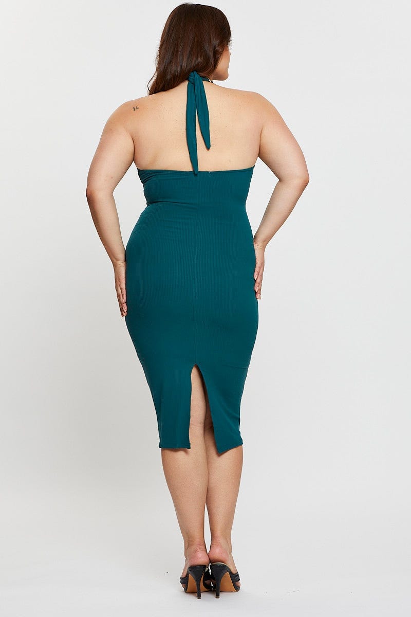 Green Midi Bodycon Dress Halter Jersey