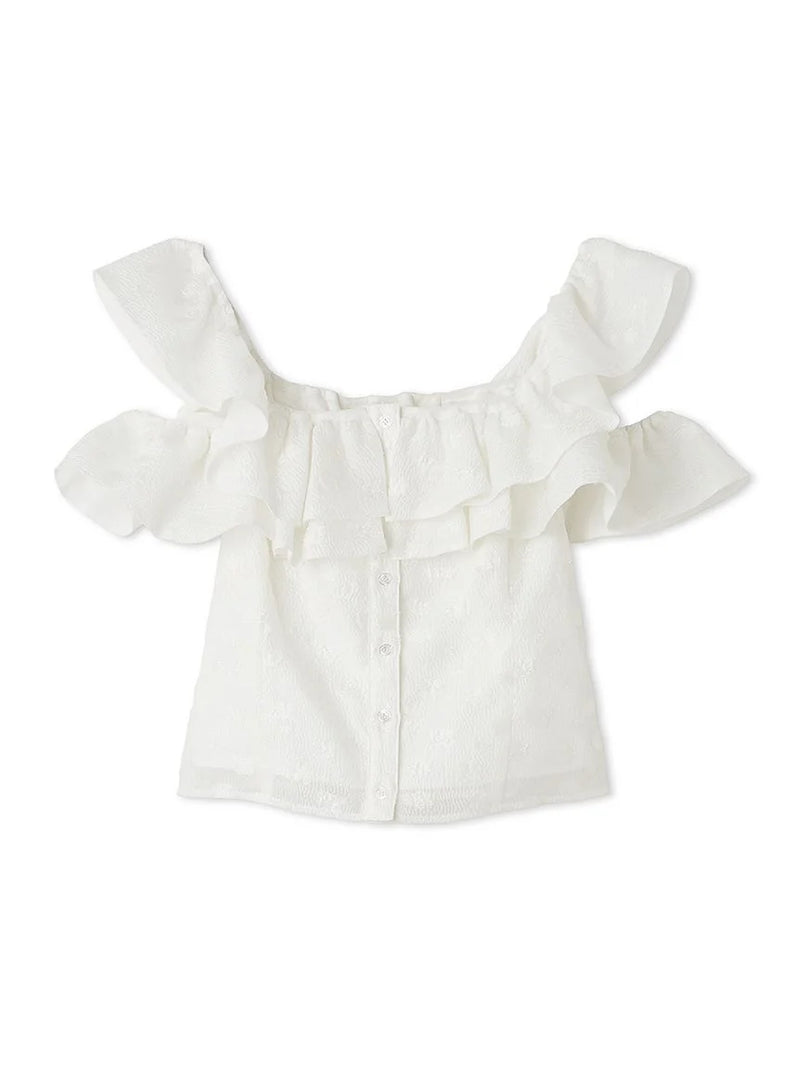 Floral Jacquard Ruffle Off-Shoulder Blouse