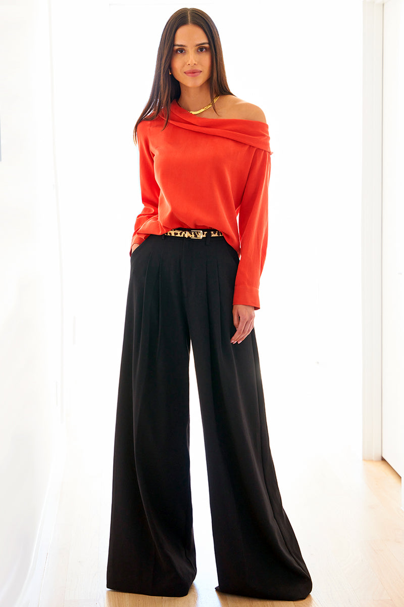 Dani Long Sleeve Off Shoulder Top Washed Cupro Cotton Flame Red