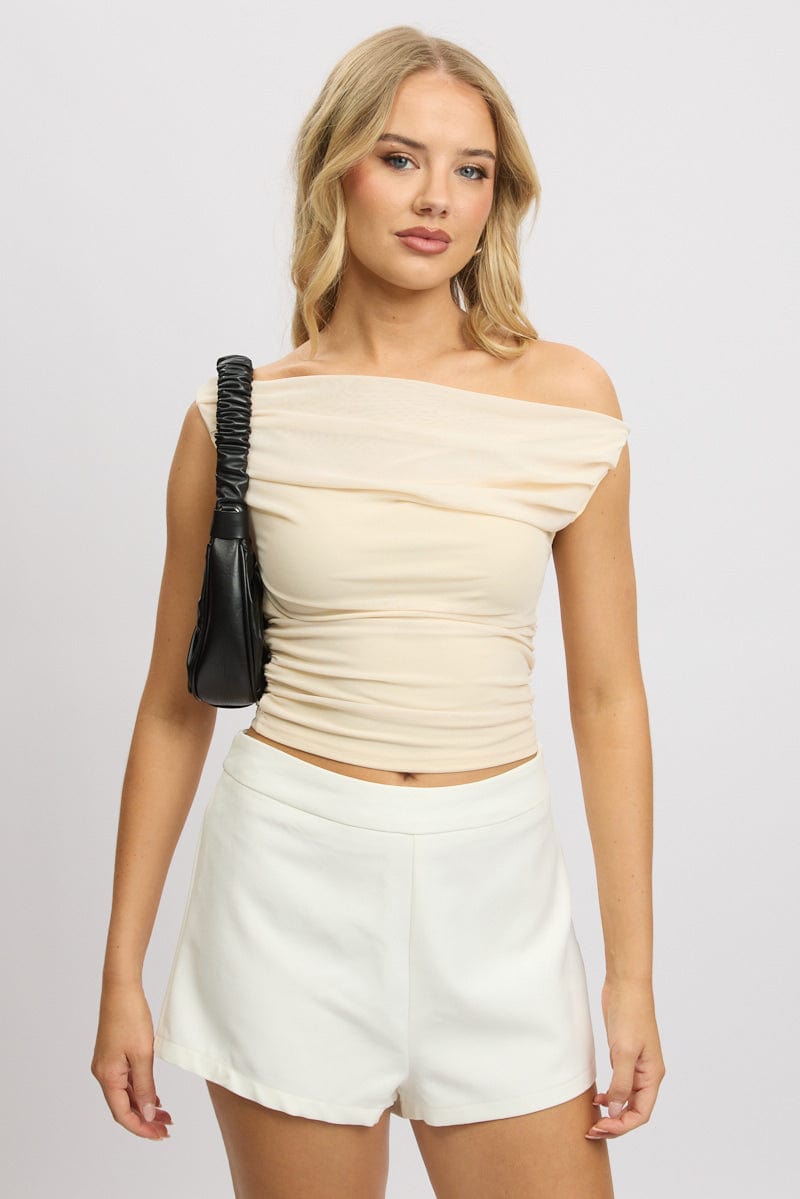 Beige Off Shoulder Top Mesh