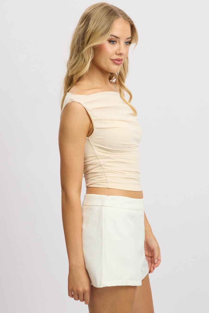 Beige Off Shoulder Top Mesh
